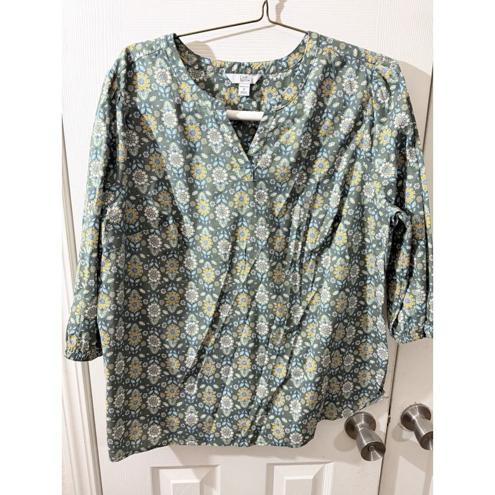 Croft & Barrow Top Plus Size 1X Green Floral Blouse 100% Cotton Elastic‎ Cuffs